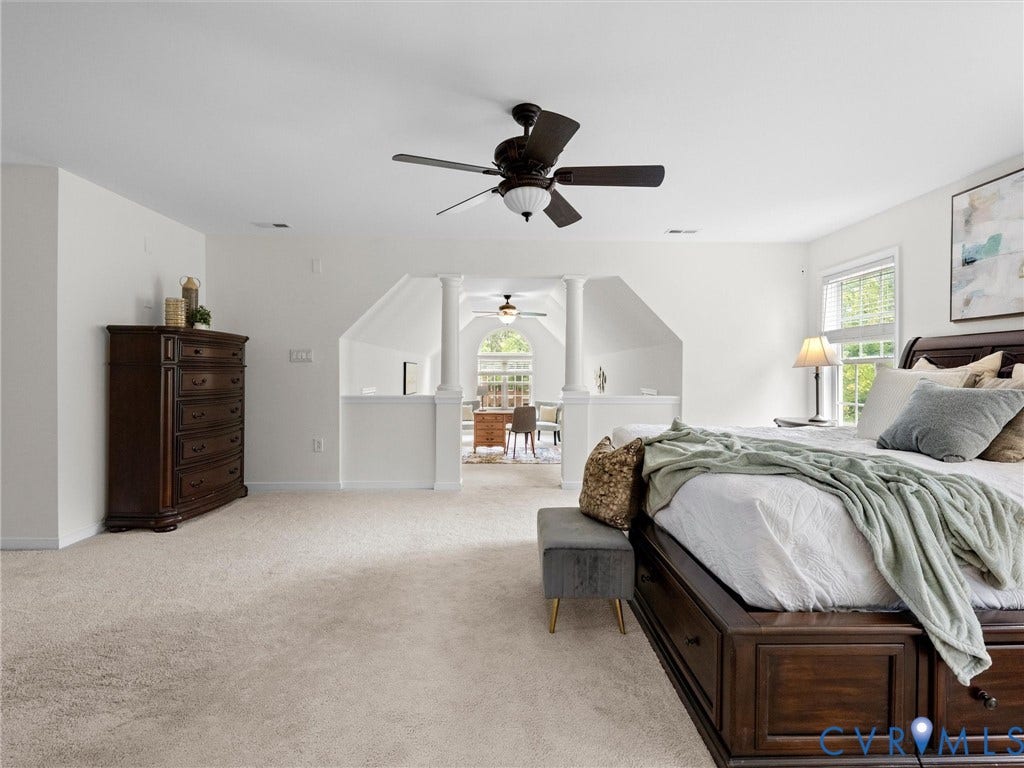 6100 Lilting Branch Way, Moseley, VA 23120 Expansive carpeted room featuring a ceiling fan, window with natural light, and an architectural half-wall design