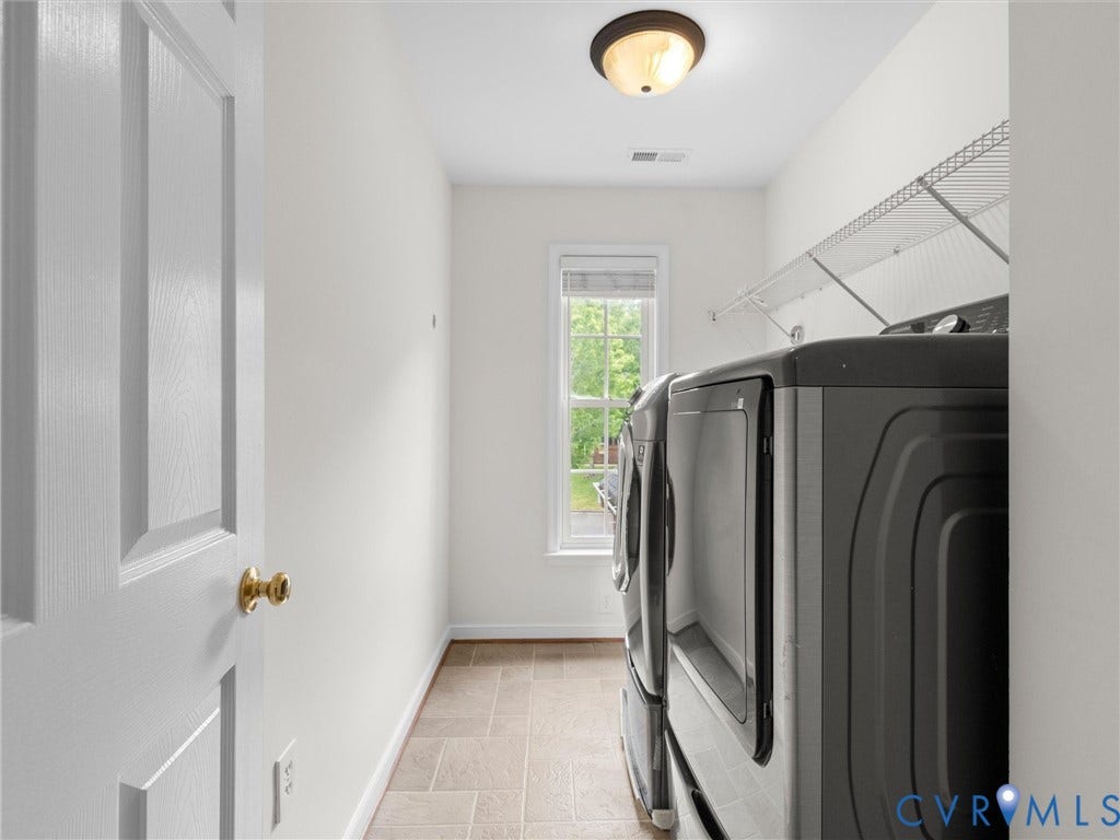 6100 Lilting Branch Way, Moseley, VA 23120 Utility room featuring tile flooring, a window, a flush-mount ceiling light, and wall-mounted wire shelving