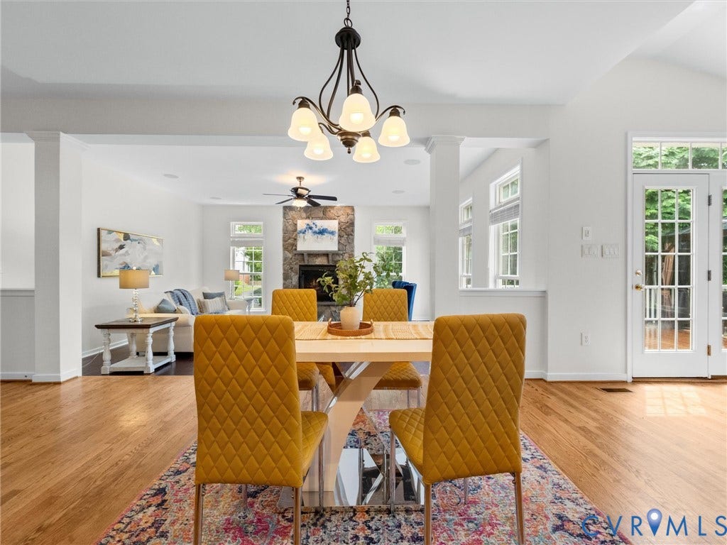 6100 Lilting Branch Way, Moseley, VA 23120 Hardwood flooring, elegant chandelier, French doors, recessed lighting, and a stone-clad fireplace