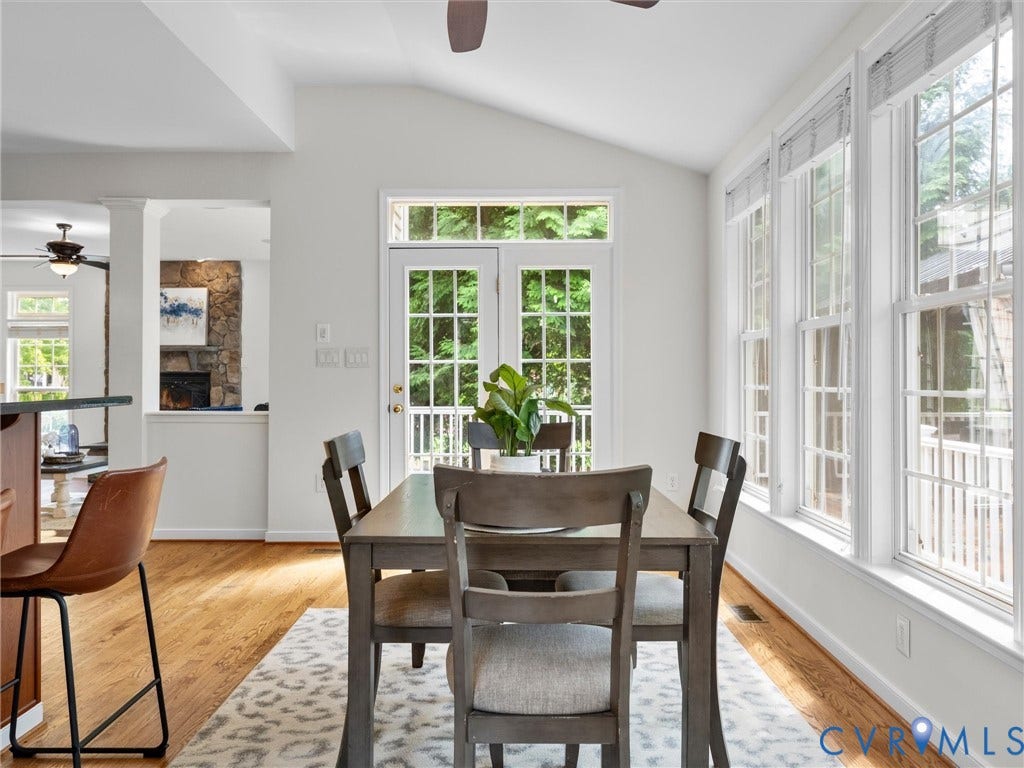 6100 Lilting Branch Way, Moseley, VA 23120 Vaulted ceiling, multiple windows, French doors, wood-finish flooring, and a stone-clad fireplace