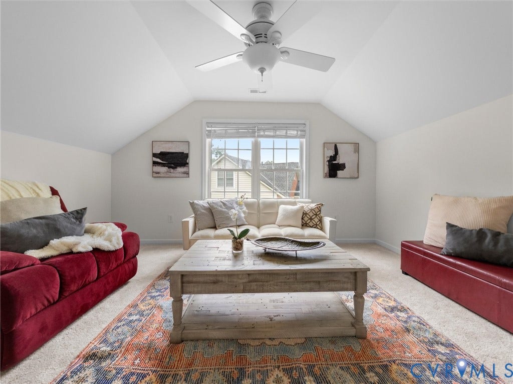 6100 Lilting Branch Way, Moseley, VA 23120 Sloped ceilings, overhead ceiling fan, carpeted flooring, and a window with horizontal blinds