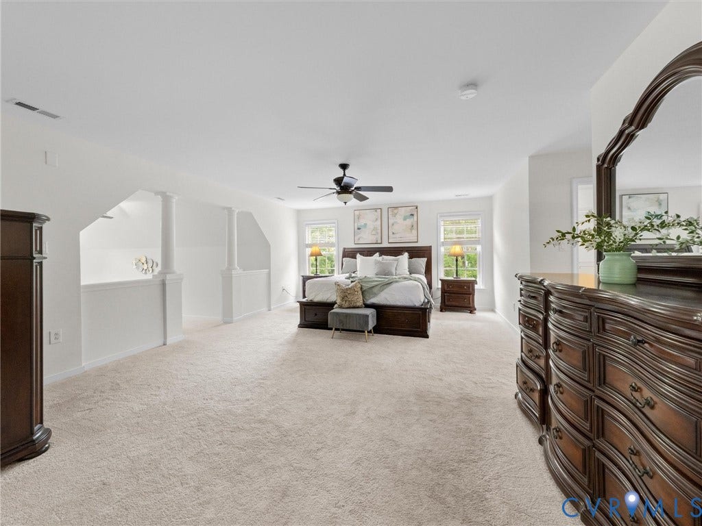 6100 Lilting Branch Way, Moseley, VA 23120 Expansive carpeted room featuring a ceiling fan, multiple windows, and a partial wall with decorative columns