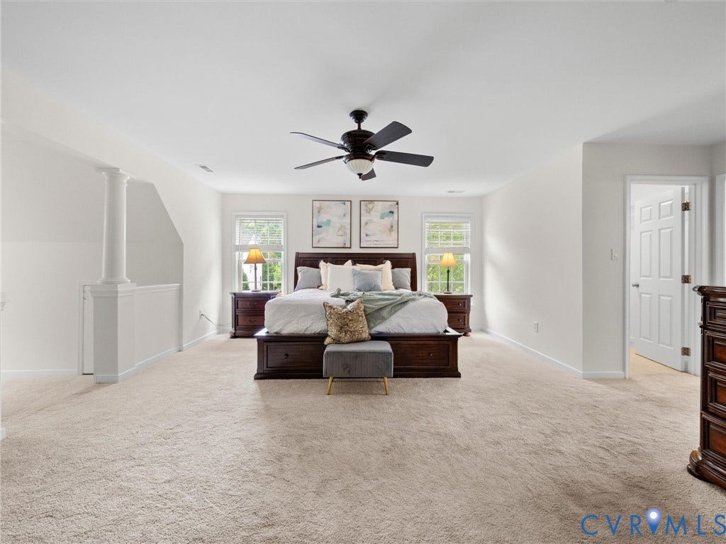 6100 Lilting Branch Way, Moseley, VA 23120 Spacious room featuring neutral carpeting, a ceiling fan, and multiple windows with natural light