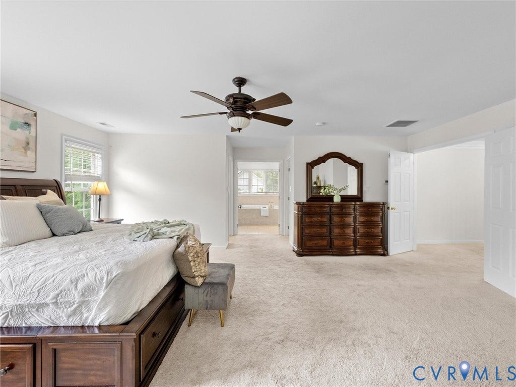 6100 Lilting Branch Way, Moseley, VA 23120 Carpeted flooring, ceiling fan, white paneled doors, and a window with blinds