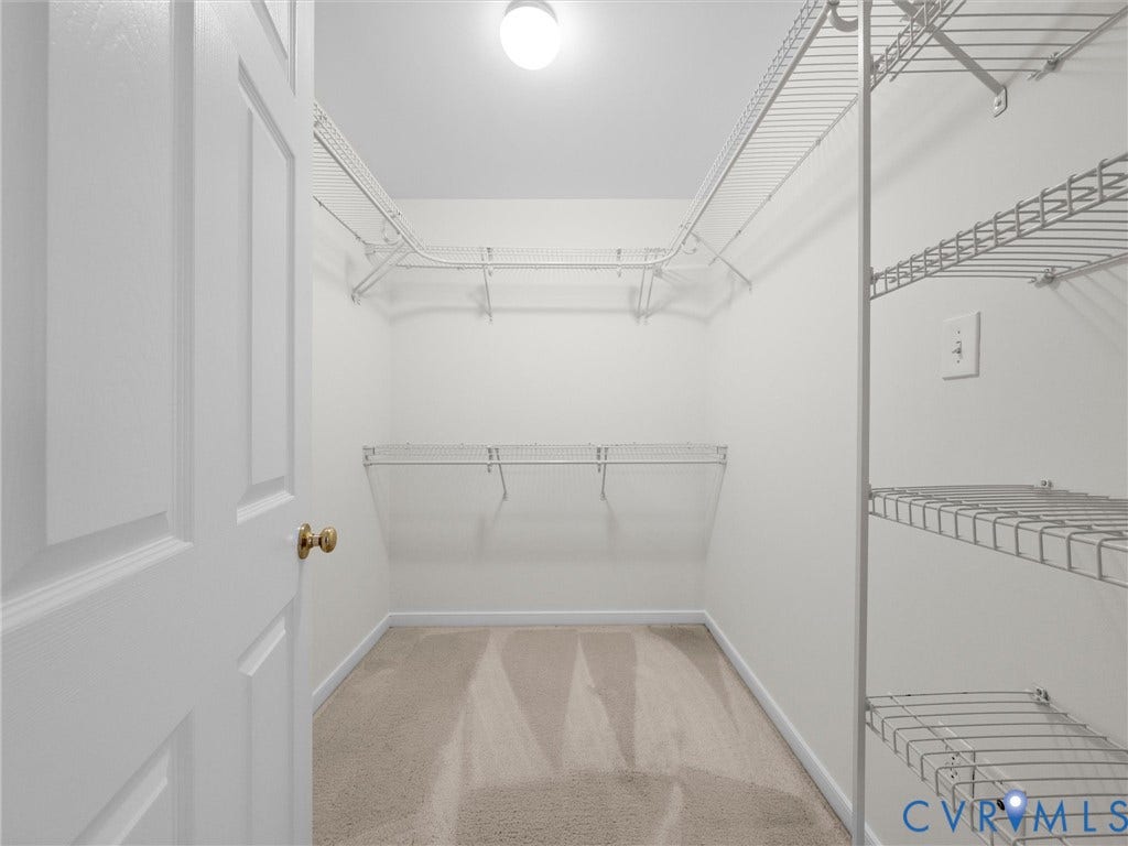6100 Lilting Branch Way, Moseley, VA 23120 Walk-in closet with carpet flooring, white wire shelving, and overhead lighting