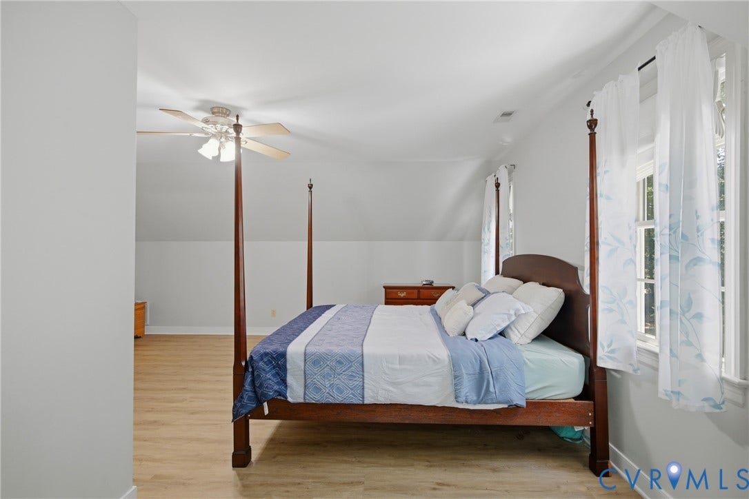 1915 Norwood Creek Drive, Powhatan, VA 23139 Spacious room featuring light-toned wood-finish flooring, white walls, and an angled ceiling