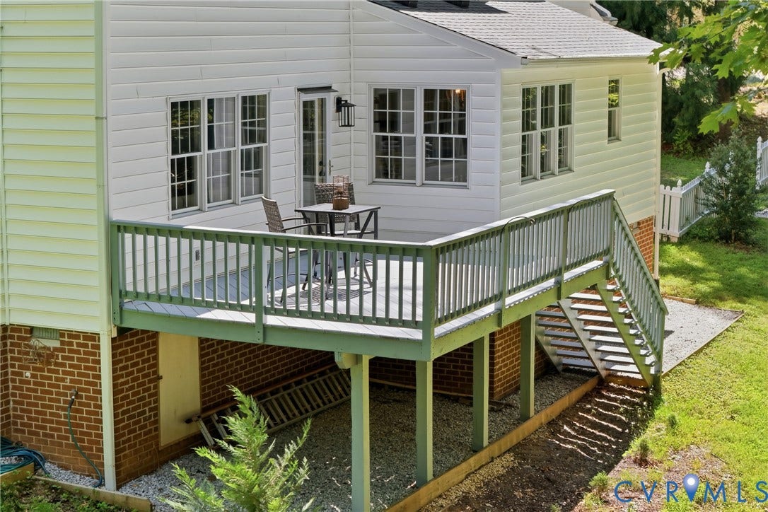 1915 Norwood Creek Drive, Powhatan, VA 23139 Elevated wood-plank deck with a perimeter railing and integrated stairs