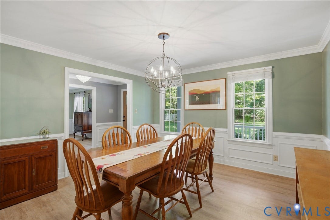 1915 Norwood Creek Drive, Powhatan, VA 23139 Dining room featuring light green walls, white wainscoting, and wood-finish flooring