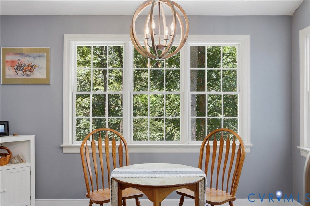 1915 Norwood Creek Drive, Powhatan, VA 23139 Dining area featuring a contemporary spherical chandelier, triple-pane windows with grid patterns, and light gray wall paint