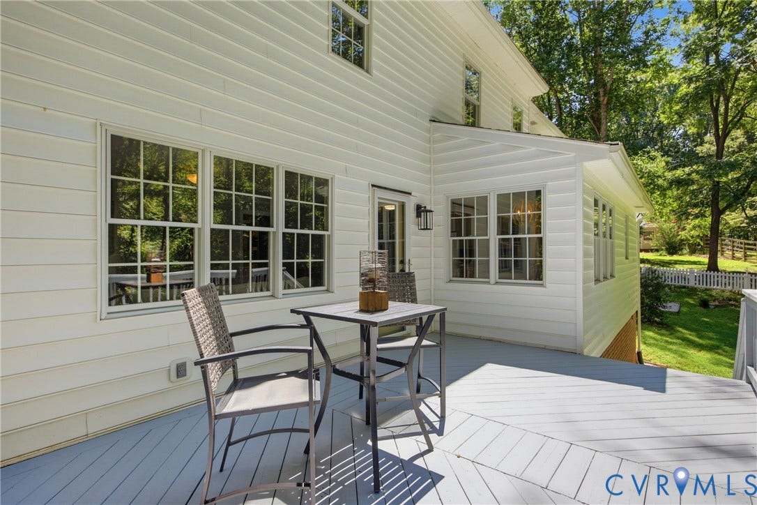 1915 Norwood Creek Drive, Powhatan, VA 23139 White siding exterior with a spacious wooden deck