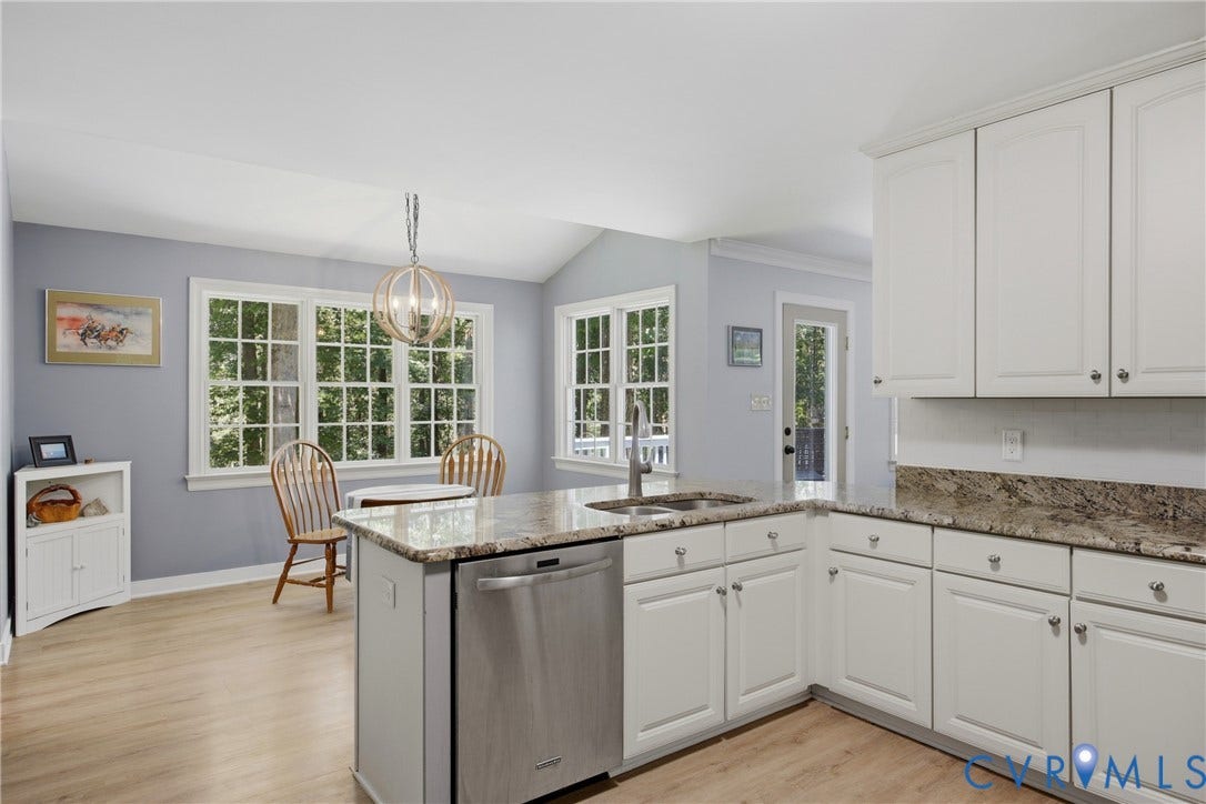 1915 Norwood Creek Drive, Powhatan, VA 23139 Kitchen featuring white shaker-style cabinetry, a granite-finish countertop, stainless steel appliances, and wood-finish flooring