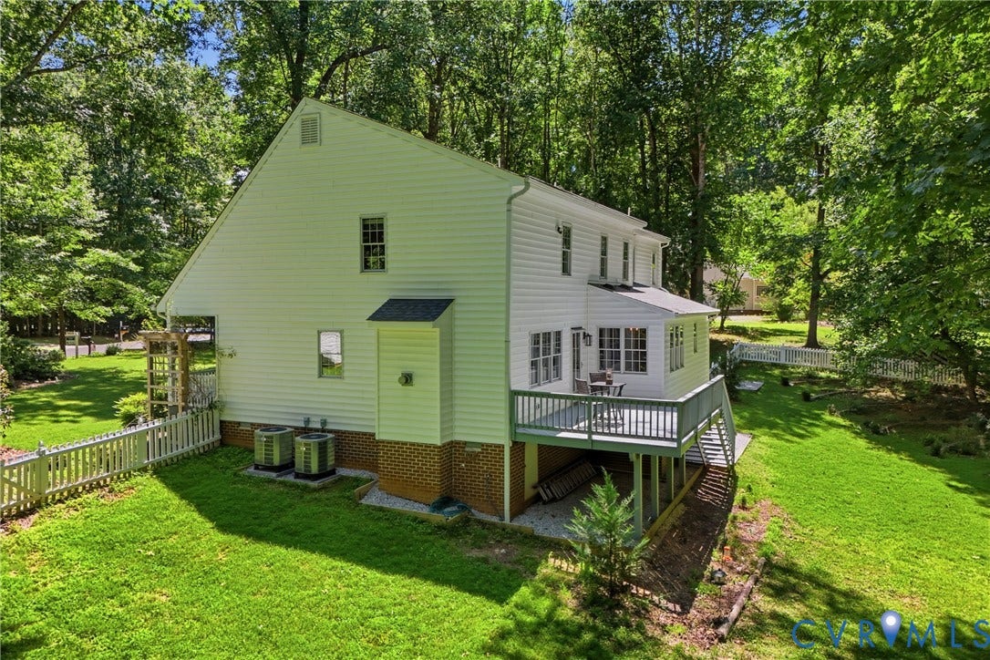 1915 Norwood Creek Drive, Powhatan, VA 23139 Spacious rear deck overlooking a verdant lawn, surrounded by mature trees
