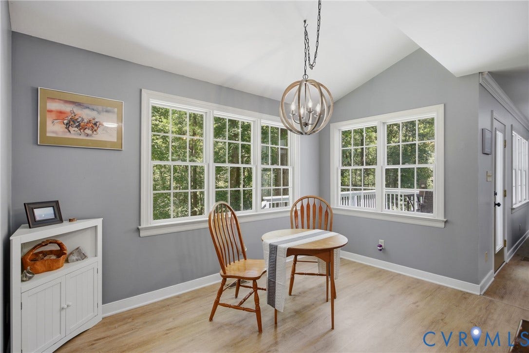 1915 Norwood Creek Drive, Powhatan, VA 23139 Bright interior room featuring a vaulted ceiling and an orb-style chandelier