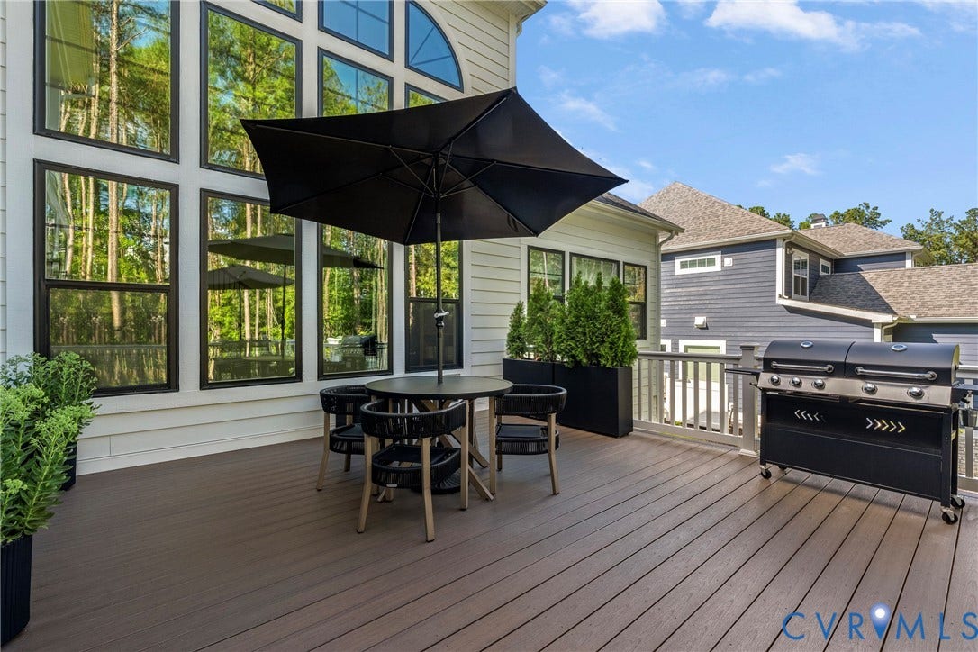 18312 Barrin Court, Barrington, Moseley, VA 23120 Spacious outdoor deck featuring wood-finish composite decking, painted railing, and a gas grill