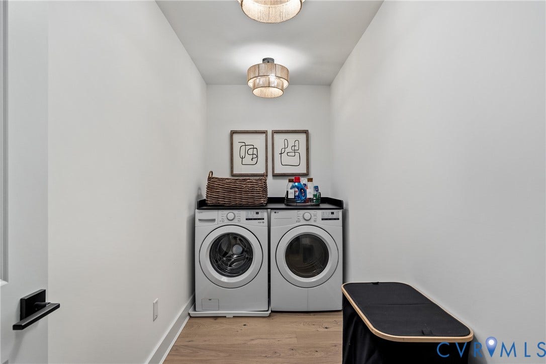 18312 Barrin Court, Barrington, Moseley, VA 23120 Dedicated laundry area featuring wood-finish flooring and two ceiling-mounted light fixtures