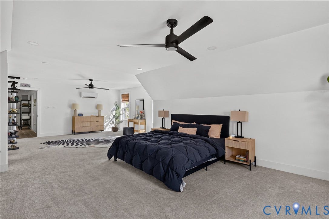 18312 Barrin Court, Barrington, Moseley, VA 23120 Spacious primary bedroom suite featuring vaulted ceilings with integrated ceiling fan, wood-finish nightstands with modern hardware, neutral carpet flooring, and abundant natural light from skylights