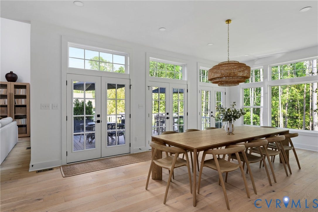 18312 Barrin Court, Barrington, Moseley, VA 23120 Open concept dining area with light wood-finish flooring, multiple paneled glass French doors, large picture windows, and a woven tiered pendant light fixture