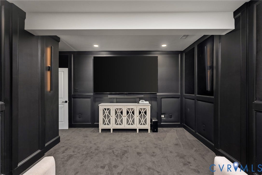 18312 Barrin Court, Barrington, Moseley, VA 23120 Dedicated entertainment space featuring dark wall paneling, integrated recessed lighting, and soft carpet flooring