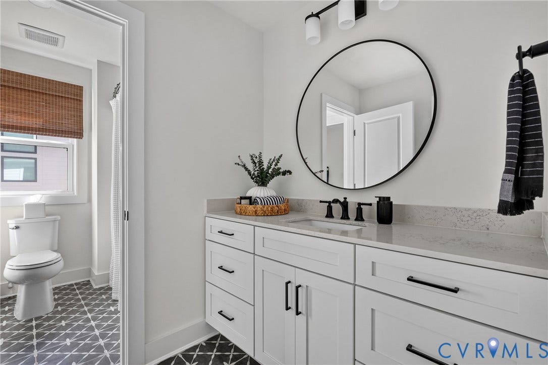 18312 Barrin Court, Barrington, Moseley, VA 23120 Bathroom featuring a white vanity with an undermount sink, light-colored countertop, and matte black fixtures