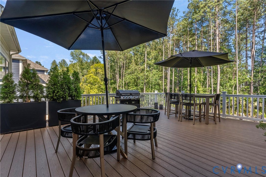 18312 Barrin Court, Barrington, Moseley, VA 23120 Spacious outdoor deck featuring wood-finish flooring, white railing, and built-in planters with greenery