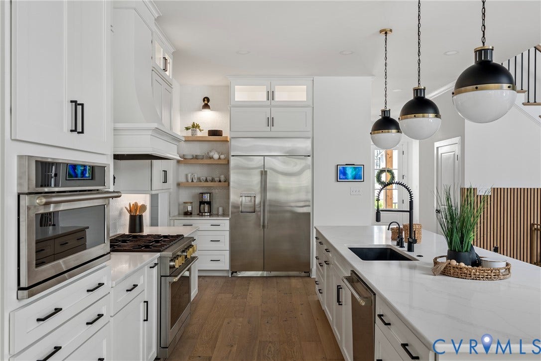 18312 Barrin Court, Barrington, Moseley, VA 23120 Contemporary kitchen featuring white cabinetry, stainless steel appliances, wood-finish flooring, an island with a built-in sink, and pendant lighting