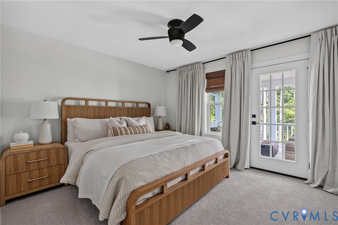 18312 Barrin Court, Barrington, Moseley, VA 23120 Room featuring light grey carpeting, white walls, and a black ceiling fan with integrated lighting
