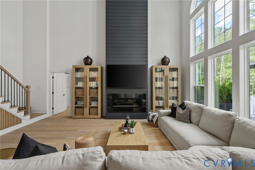 18312 Barrin Court, Barrington, Moseley, VA 23120 Two-story living area featuring a prominent shiplap accent wall with an integrated fireplace and television