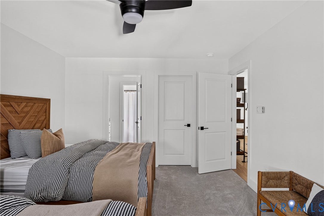 18312 Barrin Court, Barrington, Moseley, VA 23120 Room featuring light gray carpeting, crisp white walls, and a black ceiling fan with an integrated light