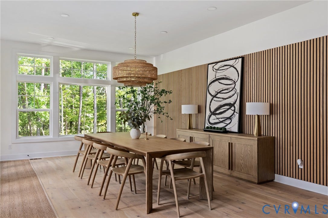 18312 Barrin Court, Barrington, Moseley, VA 23120 Dining space featuring extensive window framing, wood-finish flooring, a built-in wood-paneled accent wall, and a wood-finish buffet with cabinet storage
