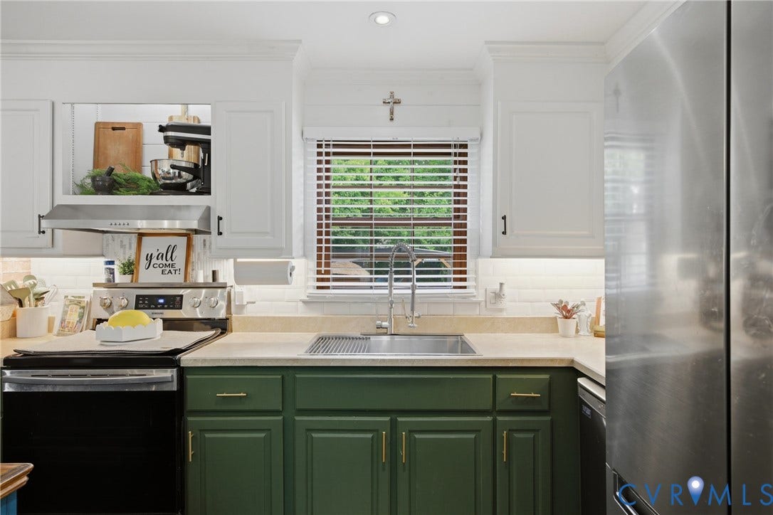 Kitchen featuring white upper cabinetry, green lower cabinetry, and light-toned countertops