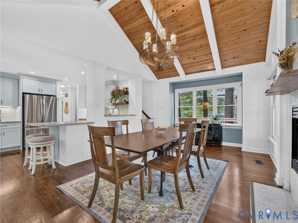 Vaulted wood-finish ceiling, wood-finish flooring, white fireplace, stainless steel refrigerator, and recessed lighting