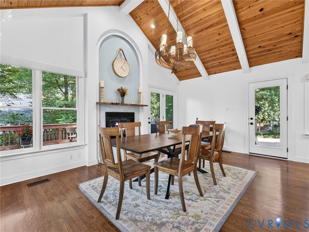 Vaulted wood-paneled ceiling with exposed beams, wood-finish flooring, built-in fireplace, and expansive windows