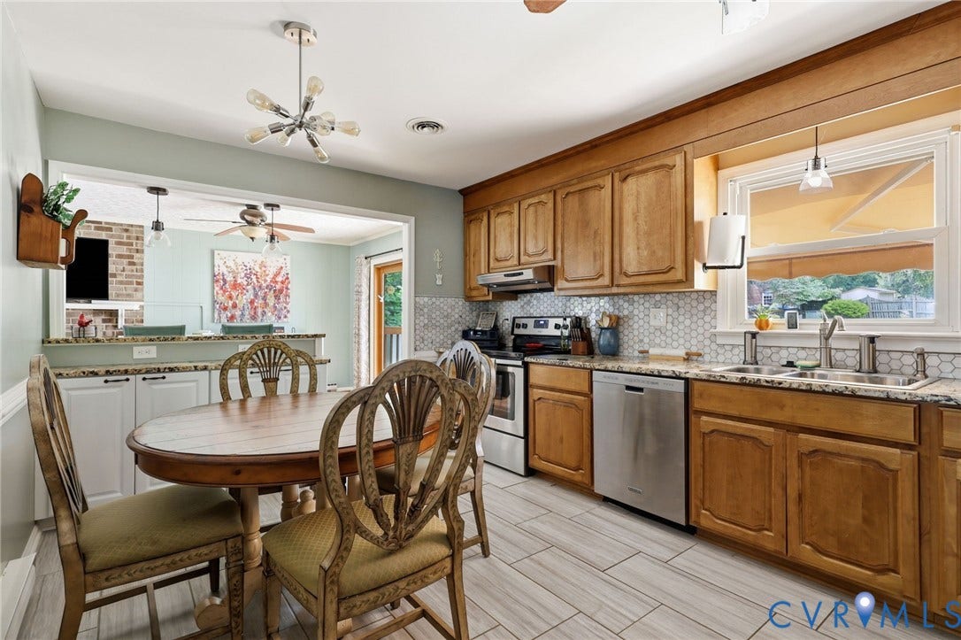 3300 Woodsong Drive, Midlothian, VA 23112 Kitchen featuring wood-finish cabinetry, granite-style countertops, a white hexagonal tile backsplash, and stainless steel appliances