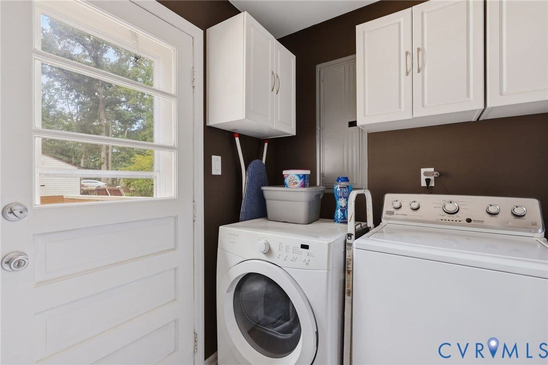 3300 Woodsong Drive, Midlothian, VA 23112 Dedicated laundry area featuring white cabinetry, a white paneled door with glass inserts, and brown wall finishes