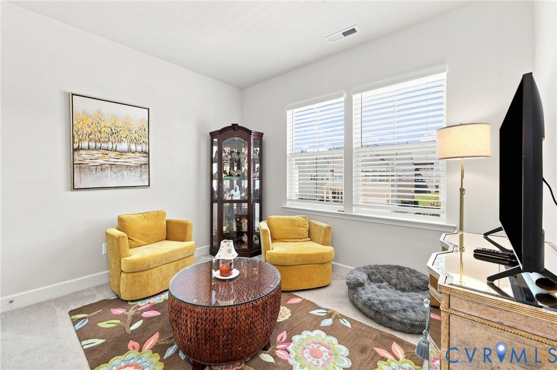 Bright room featuring two windows with white blinds, light gray wall paint, and gray carpet flooring