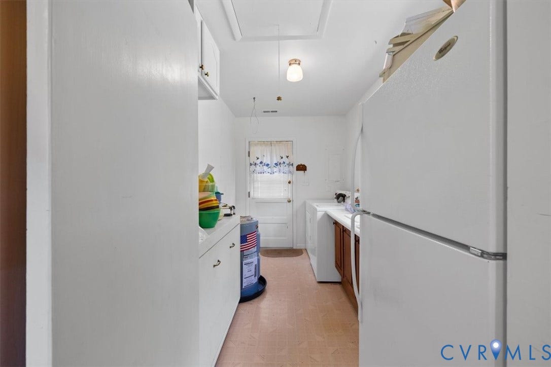 2311 Georges Road, Powhatan, VA 23139 Galley-style utility space featuring white cabinetry with ample storage, a white refrigerator, and a built-in countertop with an integrated sink