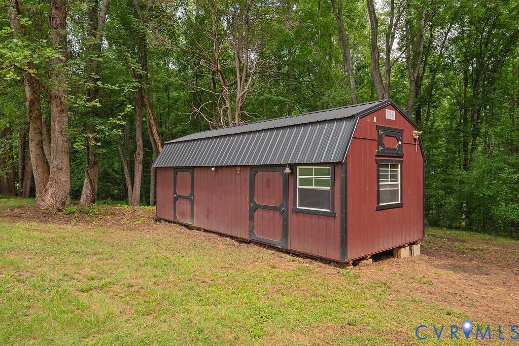 4808 River Road W Road, Goochland, VA 23063 Red barn-style shed featuring a black metal roof, dual entry doors, multiple windows, and a raised foundation.
28 X 12
