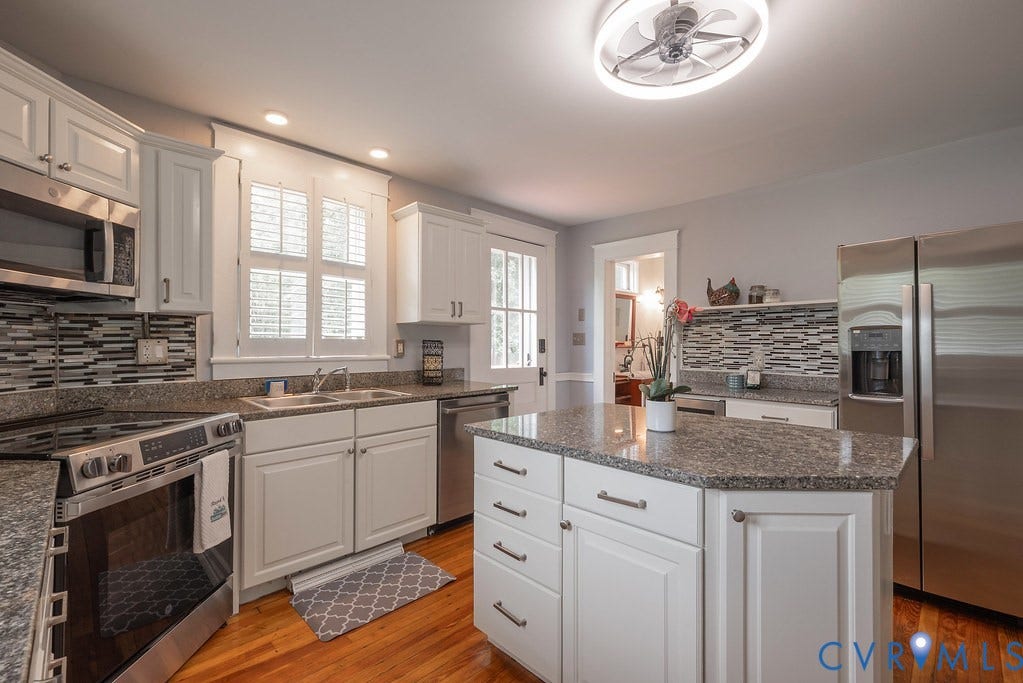 4808 River Road W Road, Goochland, VA 23063 Kitchen featuring white shaker cabinetry, stainless steel appliances, speckled countertops, and a mosaic tile backsplash