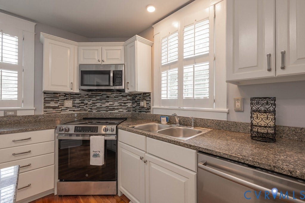 4808 River Road W Road, Goochland, VA 23063 Kitchen featuring white cabinetry, stone countertops, a tile backsplash, and stainless steel appliances including a range, microwave, and dishwasher