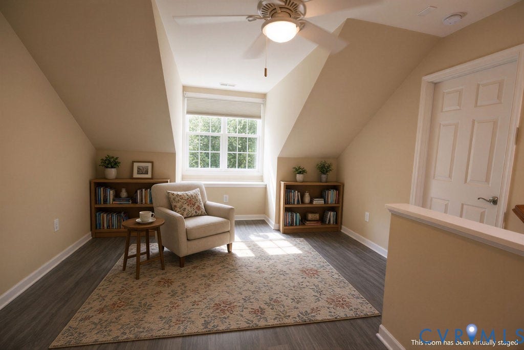 14007 Shawhan Court, Charter Colony, Midlothian, VA 23114 Sloped ceiling design with a ceiling fan, window with roller shade, interior door, and wood-finish flooring