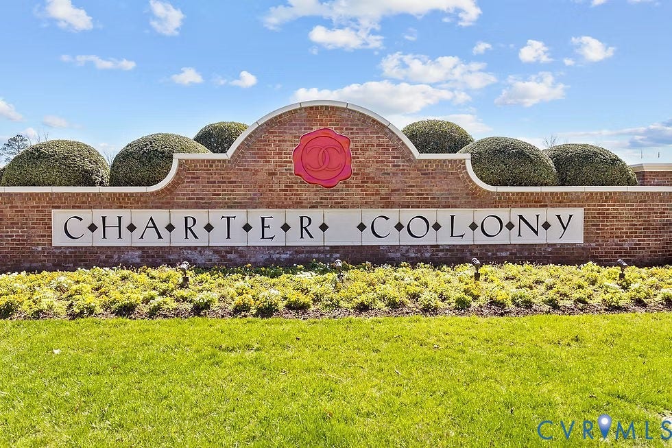 14007 Shawhan Court, Charter Colony, Midlothian, VA 23114 Brick entrance monument with a distinct community logo and integrated landscaping
