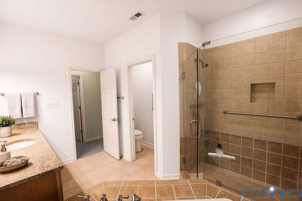14007 Shawhan Court, Charter Colony, Midlothian, VA 23114 Walk-in shower with clear glass enclosure and integrated grab bar