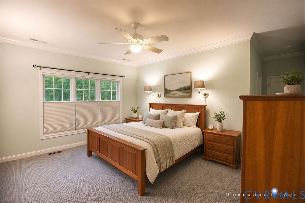 14007 Shawhan Court, Charter Colony, Midlothian, VA 23114 Light-colored walls with crown molding, three large windows, recessed ceiling fan with integrated lighting, wall-mounted sconces, and light-toned carpeting