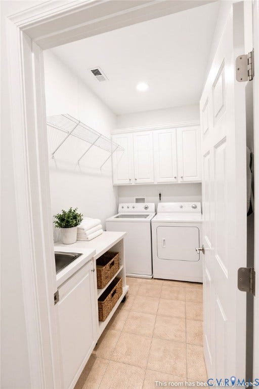 14007 Shawhan Court, Charter Colony, Midlothian, VA 23114 White shaker cabinetry, utility sink, wire shelving, recessed lighting, and tiled flooring