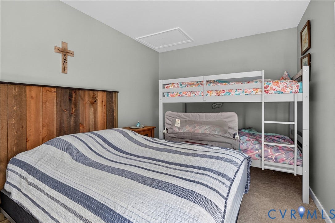 311 Cardinal Road, Countryside, Louisa, VA 23093 Bedroom featuring a wood-panel accent wall and soft neutral carpeting