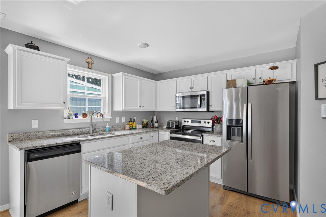 311 Cardinal Road, Countryside, Louisa, VA 23093 Modern kitchen featuring an island with a light-toned countertop, white cabinetry, and stainless steel appliances