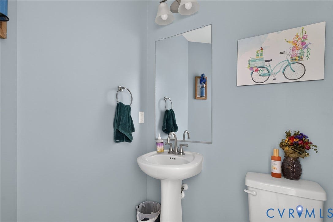 311 Cardinal Road, Countryside, Louisa, VA 23093 Pedestal sink with chrome fixtures, elongated wall mirror, and overhead vanity lighting