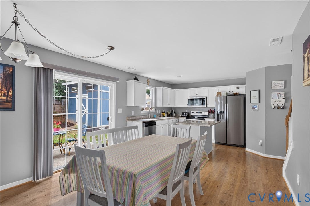 311 Cardinal Road, Countryside, Louisa, VA 23093 Open-concept living space featuring wood-finish flooring, white cabinetry, and stainless steel appliances