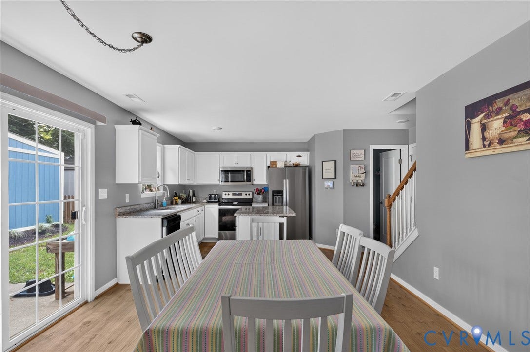 311 Cardinal Road, Countryside, Louisa, VA 23093 Eat-in kitchen featuring wood-finish flooring, white cabinetry, stainless steel appliances, and a sliding glass door leading to the exterior