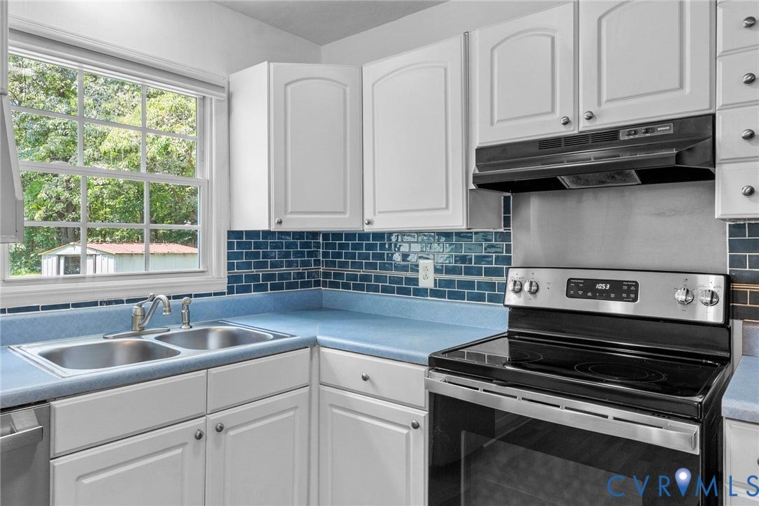 12870 King William Road, King William, VA 23086 White cabinetry with brushed nickel hardware, blue subway tile backsplash, stainless steel electric range, and double basin stainless steel sink
